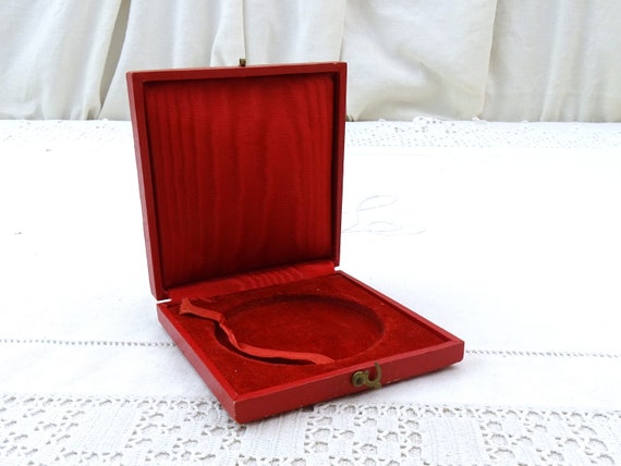 Vintage French Square Red Presentation Coin Case Padded Red Velvet and Satin Lining from Monnaie de Paris, Upcycled Necklace Jewelry Box