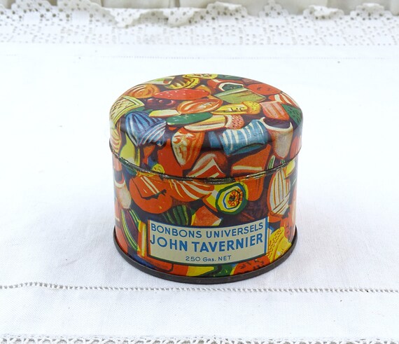 Vintage French 1940s Tin with Colorful Candy Pattern John Tavernier, Retro Metal Box from France Printed with Sweety Graphics, Bright Decor