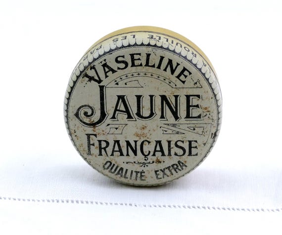 Antique French Vaseline Jaune Francaise Round Lithographed Metal Tin, Vintage Collectible Petroleum Jelly Advertising Items France Box