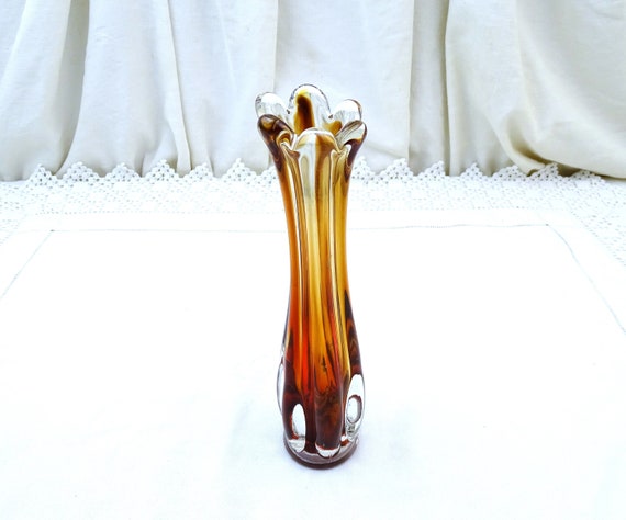 Vintage French Mid Century Streaked Clear Swing Glass with Red Bud Vase, Retro 1960s Posy Vase France, Flower Glassware Swung Vase