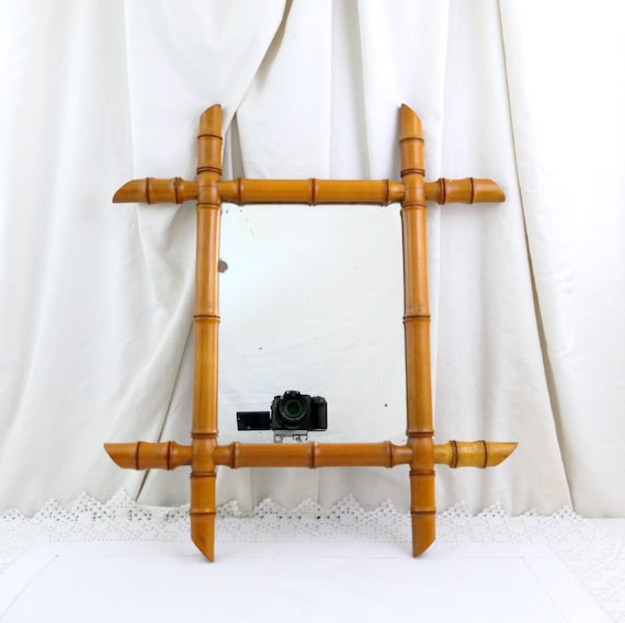 Antique French Faux Bamboo Wooden Framed Mirror, Vintage Wall Mounted 1920s Beveled Looking Glass from France, Retro Boudoir Decor