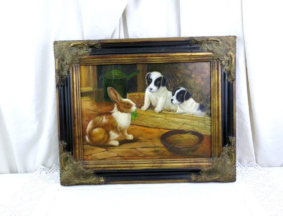 Large Vintage Hand Painted Painting Oil on Board of Puppies and Bunny Rabbit with Ornate Gilded Wooden Frame, Retro Picture with Gold Frame