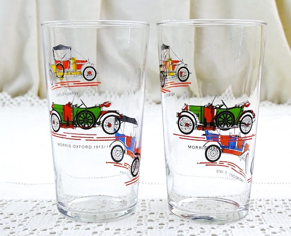 Pair of French Vintage Clear Glass Water Tumbler Printed Images of Old Automobiles / Cars Morris Oxford 1913 Ford Model T 1915 Vermorel 1912