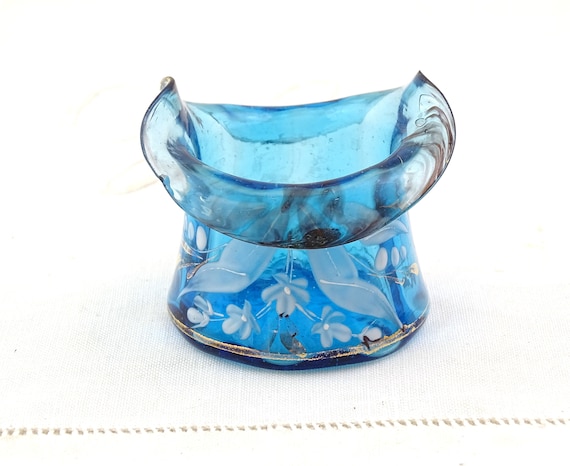 Antique Hand Painted Blown Glass Cobalt Blue Glass Ornament, Vintage Small Art Glass Vase with White Enamel Pattern, Unique Home Decor