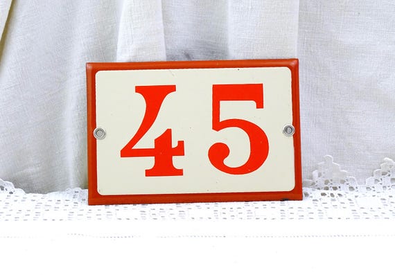 Vintage French Porcelain Enameled Metal House Sign in Red and Beige Number 45, Enamelware Street Home from France, Traditional Address Sign
