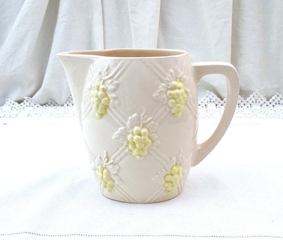 Antique French Digoin Majolica Ceramic Pitcher in Pale Pink and Yellow with Grape Pattern, Vintage Decorative Pottery Jug from France