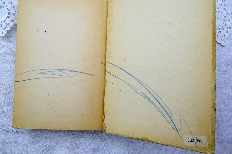 Pode incluir: Um livro aberto com textura de papel amarelado e envelhecido. As p&aacute;ginas t&ecirc;m marcas de l&aacute;pis azul. O canto inferior direito do livro tem uma etiqueta de pre&ccedil;o que diz "300 Fr."