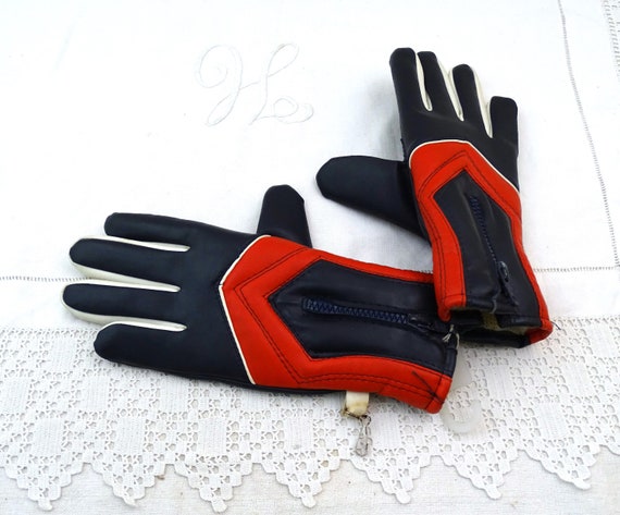 Vintage Unused 1970s / 1980s Black and Blue Vinyl Ski Gloves Medium Size, Retro Winter Snow Sports Hand Protection France, Alpine Fashion