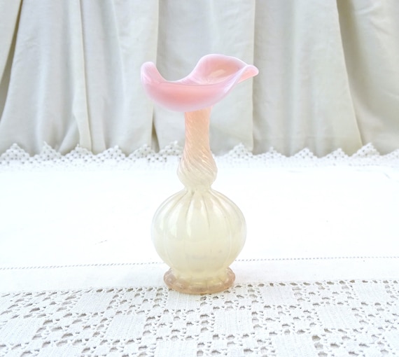 Small Antique French Jack in the Pulpit Pink and White Milk Glass Bud Ruffle Vase,  Flower Arranging Accessory France, Opaline Glassware