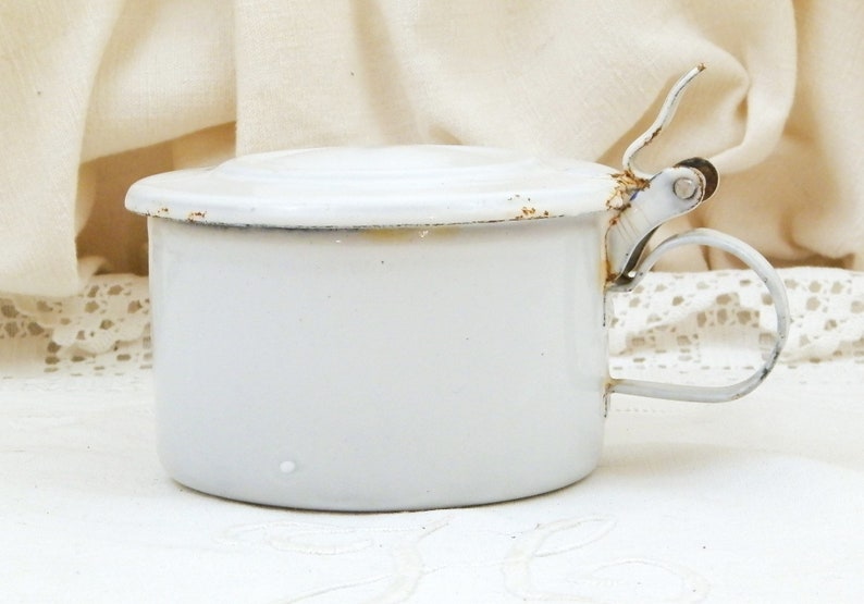 Vintage White Enamel lidded Cup with Handle Enamelware Etsy