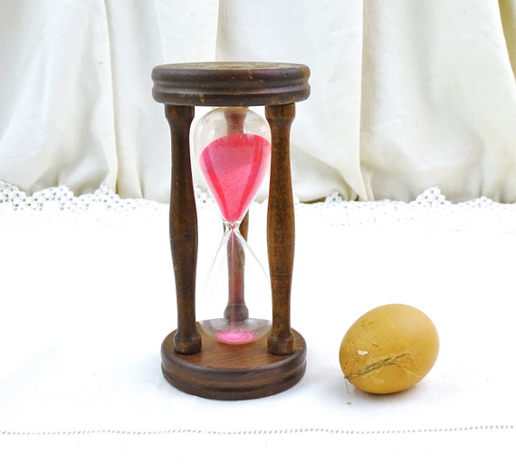 French Vintage Wooden and Glass With Pink Sand Timer for 9 Min 30 sec, Retro Country Style Hour Glass from France, Old Kitchen Home Decor