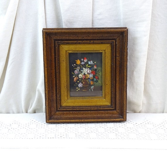 Vintage French Framed Handpainted on Copper Plate Still Life Flower Composition  Oak Wood Frame, Retro Floral Wall Art, Country Cottagecore
