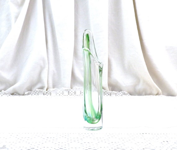 Vintage Murano Style Posy Vase Chunky Clear Swung Glass with Streaks of Green , Retro Organic Free Formed Shaped Glass Flower Vase France