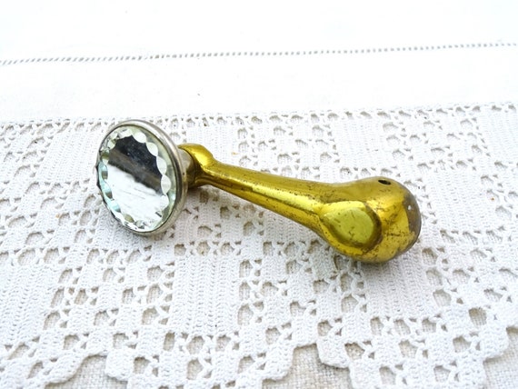 Vintage French Rotating Turning Handle with Beveled Mirror, Retro Car Window Crank Handle in Gold Tone Metal with Reflective Glass
