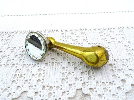 Vintage French Rotating Turning Handle with Beveled Mirror, Retro Car Window Crank Handle in Gold Tone Metal with Reflective Glass