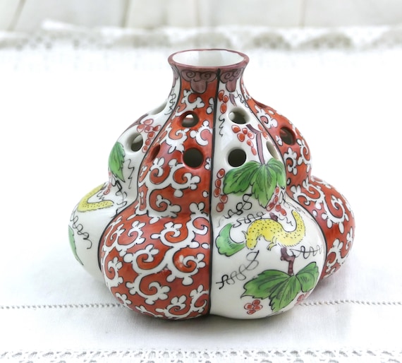 Vintage Gabriel Fourmaintraux Desvres France Faience Ikebana Flower Frog Vase, Hand Painted French Pottery Floral Arranger, Circa 1960