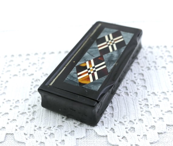 Small Antique French Napoleon 3 Inlayed Horn Snuff Box with Geometric Pattern , Vintage Victorian Little Natural Container from France