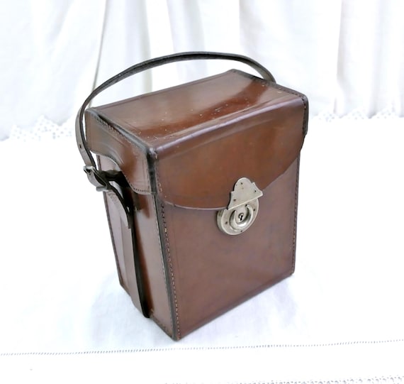 Antique Brown Leather Film Camera Carrying Case, Retro Upcycled Handbag made of Natural Materials from France, Old Style Man Bag