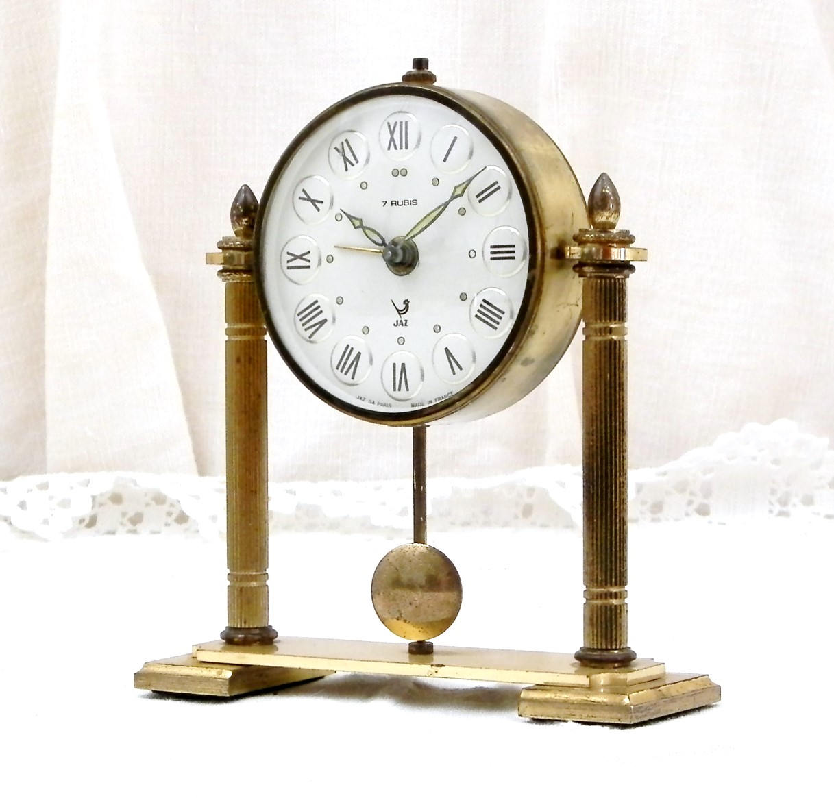 Working Vintage Mid Century Gold 1950s Rare French 7 Jewels Mechanical Ornate Alarm Clock Made