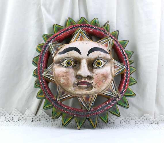Vintage Handcarved Wooden Mexican Sun Mask with Bright Colored Lacquer, Retro Traditional Decorative Wall Art from South America