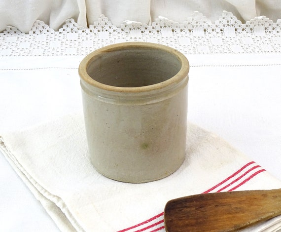 Vintage French Round Gray Salt Glaze Earthenware Crock Pot, Retro Pottery Sea Salt Storage Jar from France, Country Brocante Farmhouse Decor