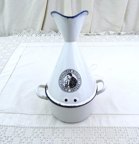 Antique White Enameled Metal Steam Inhaler Nicolay, Retro Enamel Herbal Steam Vaporizer Treatment, Essential Oils Breathing Item France