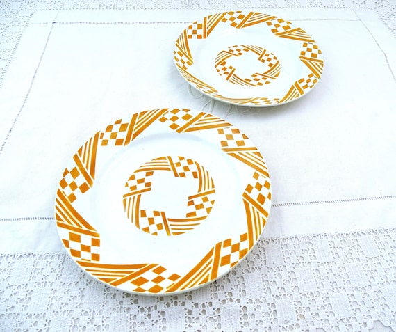 2 French Vintage Saint Amand White Plate with Geometric Art Deco Pattern, Retro 1930s Tableware from France, Old Style Crockery