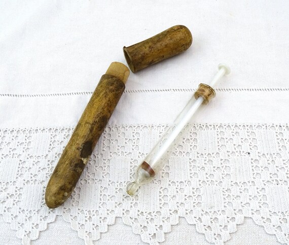 Antique French Clear Glass Pipette Syringe with White Glass Plunger and Wooden Case, Vintage Apothecary Medical Laboratory Equipment France