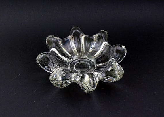 Large Vintage French Mid Century Crystal Glass Bowl, Retro 1960s Clear Art Glass Center Piece from France, Chunky Glassware Ashtray