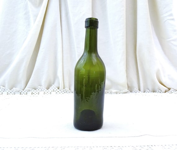 Small Antique French Hand Blown Wine Bottle of Green Glass with Bubbles, Vintage Upcycled Bud Vase from France, 19th Century Country Decor