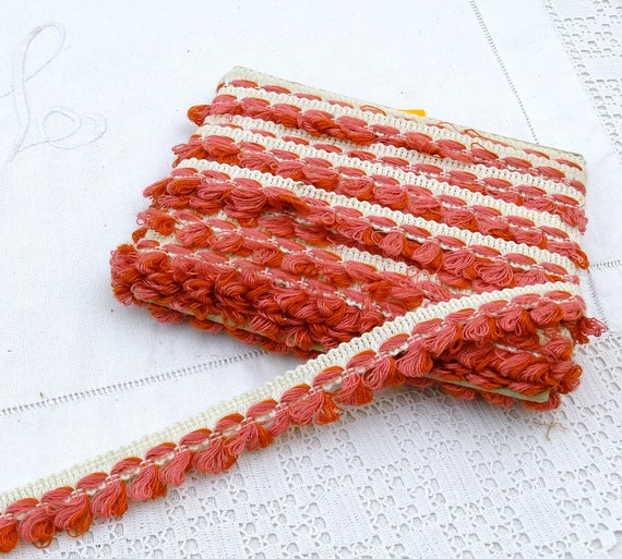 2 Meters / 2.18 Yards Vintage Unused French 1950s Pink Orange Tassel Fringe Trim, Retro Passementerie Haberdasher France, MCM Cream Braid