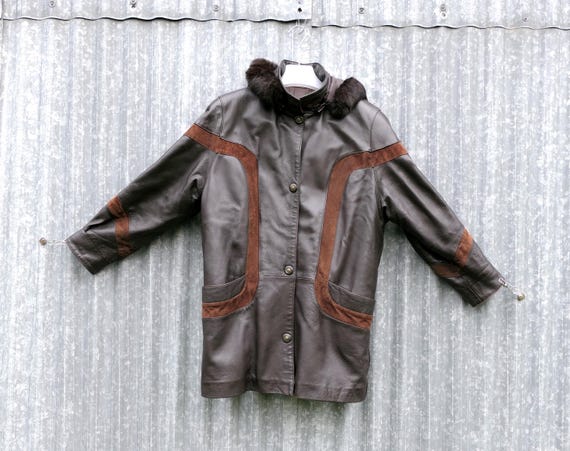 Vintage Woman's Long Medium Size French Brown Aqua Leather and Suede Jacket with Removable Fur Trimmed Hood, Winter Outdoor Coat France