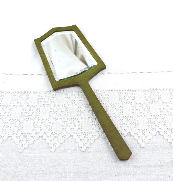 Antique French Green Celluloid Hand Mirror with Beveled Glass, Victorian Early Plastic Pearlite Woman's Make up Vanity Mirror from France