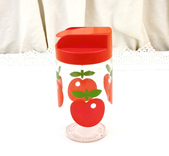 French Vintage 1970s Henkel Glass Storage Jar with Red Plastic Pouring Spout and Red and Green Apple Pattern, Retro Kitchenware from France