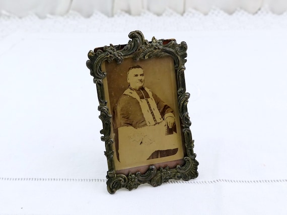Antique French Small Free Standing Ornate Portrait Picture Frame with Sepia Black and White Photograph of a Catholic Clergyman