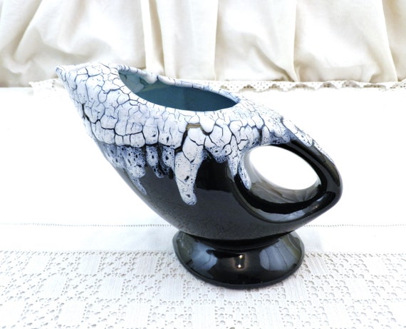 Vintage Mid Century Modern Pitcher Vase made of Ceramic with White Drip Lava Glaze on Black, Retro 1960s Pottery, 60s Home Decor