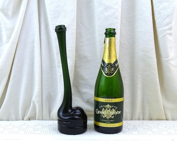 Vintage French Novelty Pulled and Squashed Glass Champagne Bottle, Retro Artisan Wine Bottle with Long Neck, Decorators Piece Restaurant