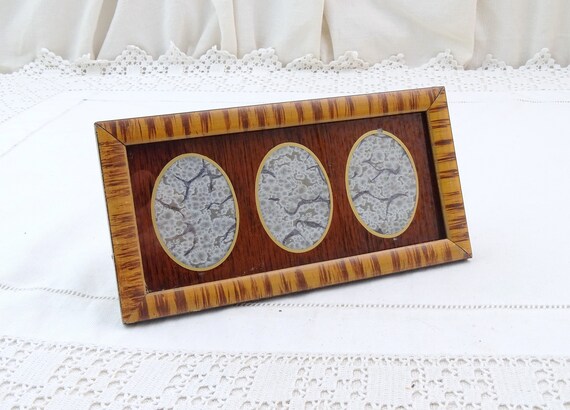 Small Antique French Wooden Rectangular Free Standing Triple Portrait Frame, Vintage Photograph Frame with 3 Oval Opening from France