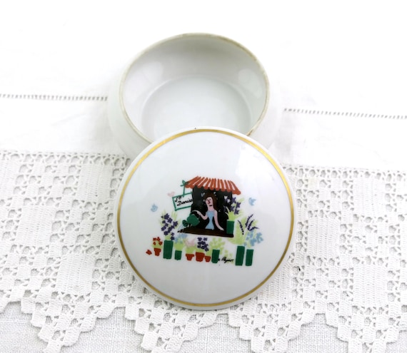 Vintage French 1960s Limited Edition Limoges Couleuvre Porcelain Powder Pot with Illustration by Raymond Peynet, Collectable China Box