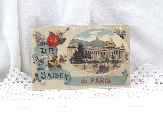 French Antique Colored Black and White Souvenir Postcard from Paris with a Red Rose, Retro Romantic Parisian Vacation Souvenir of France
