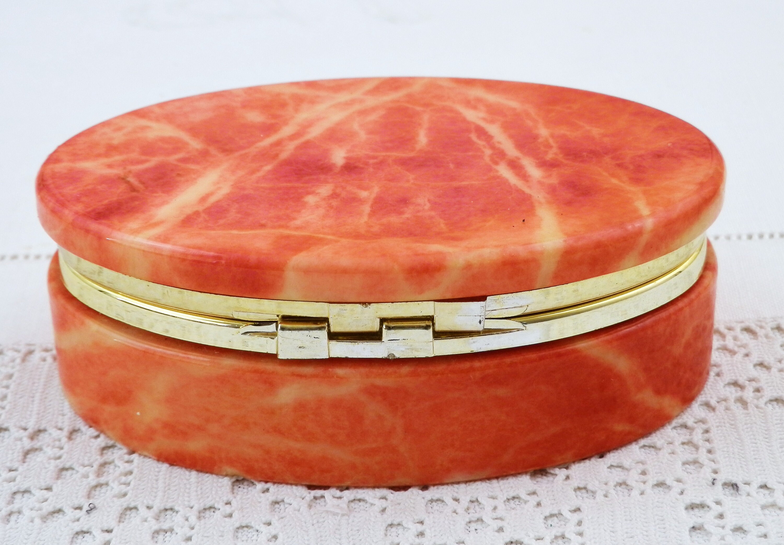 Vintage Hand Carved Colored Alabaster Oval Jewelry Box made in Italy
