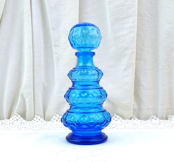 Vintage Mid Century Colbalt Blue Empoli Glass Carafe Stopper, Retro 1960s Large Perfume Bottle Italy, Italian Collectible Decanter Glassware