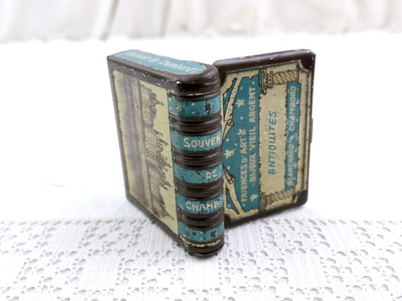 Small Antique French Book Shaped Metal Tin Tourist Souvenir from Loire Valley Castle Chambord, Retro Collectible Curio Box from France