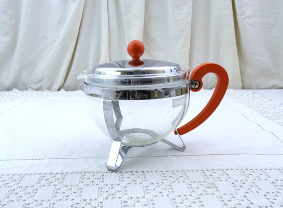 Vintage French Bodum Chamboud Clear Glass Teapot with Red Handle and Stainless Steel Lid, Retro Tea Drinking Accessory from France