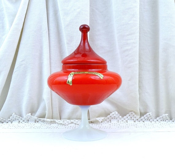 Large Vintage Mid Century Italian Opalina Fiorentinain Encased  Red Apothecary Style Footed Jar with Lid, Retro Opaline Italian Glassware