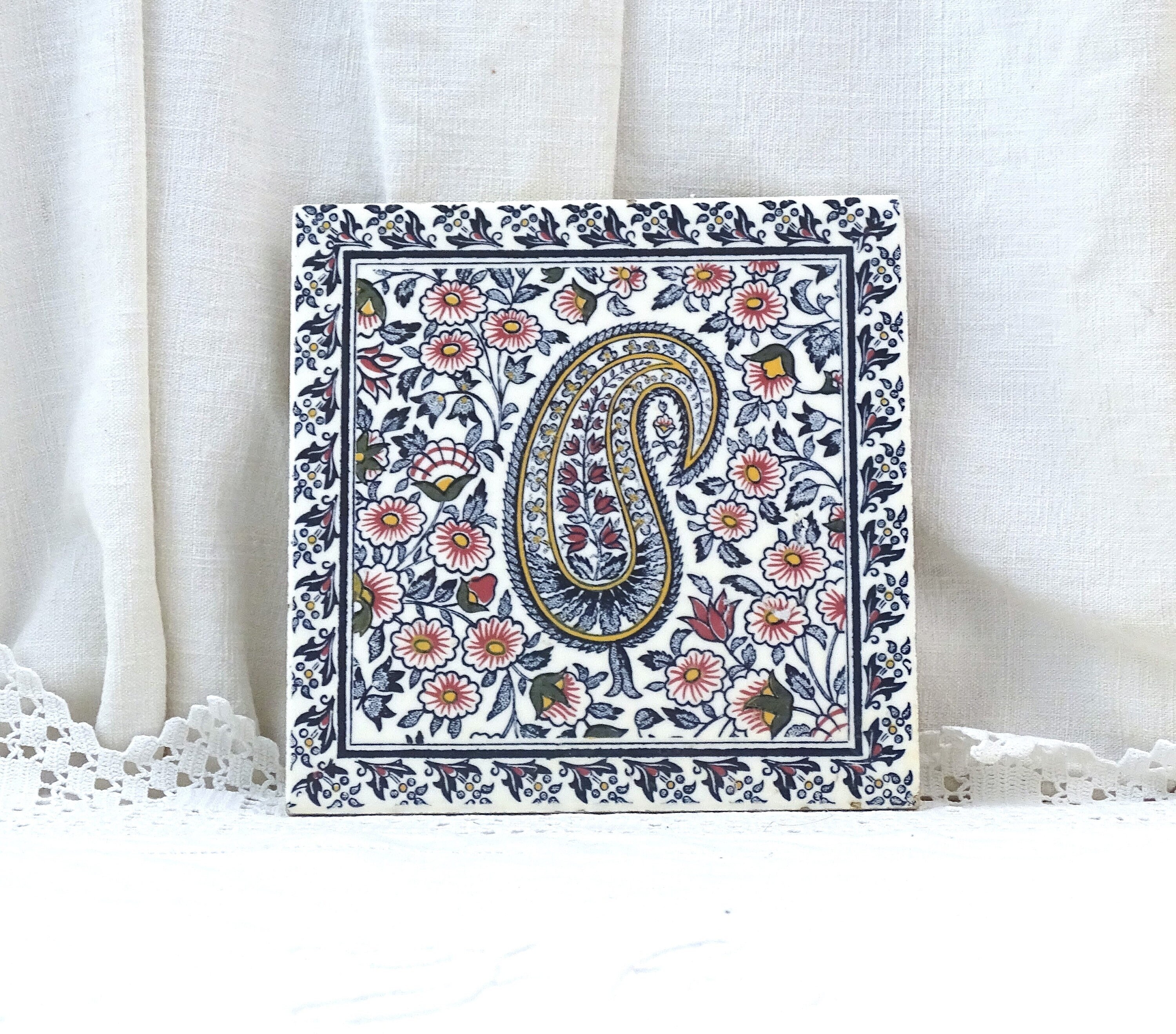 Vintage French Ceramic Paisley Pattern Tile by Gien in Dark Blue with