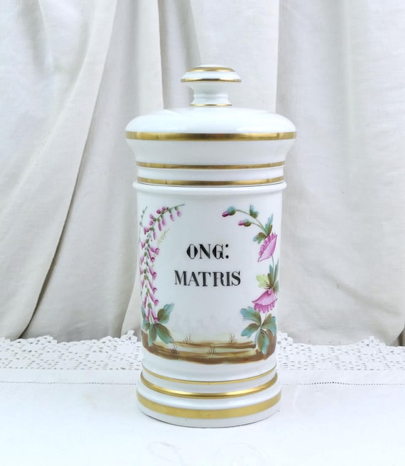 Antique White Ceramic Apothecary Hand Painted Storage Jar with Foxglove Pattern Inscribed Ong Matris, Retro Doctor Chemist Pharmacist Decor