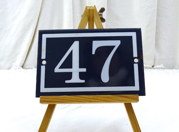 Vintage French Porcelain Enameled Metal House Sign in Blue and White Number 47, Enamelware Street Home France, Traditional Address Sign