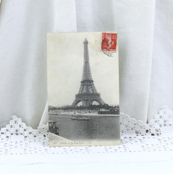 French Vintage Black and White Postcard of the Eiffel Tower in Paris and River Seine Posted in 1909,  Retro Picture of Parisian Monument