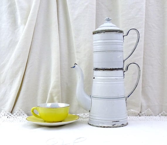 Small Antique French White Enamelware Complete Coffee Pot, 19th Century Early Enamel Pour Over Coffee Maker from France, Farmhouse Decor